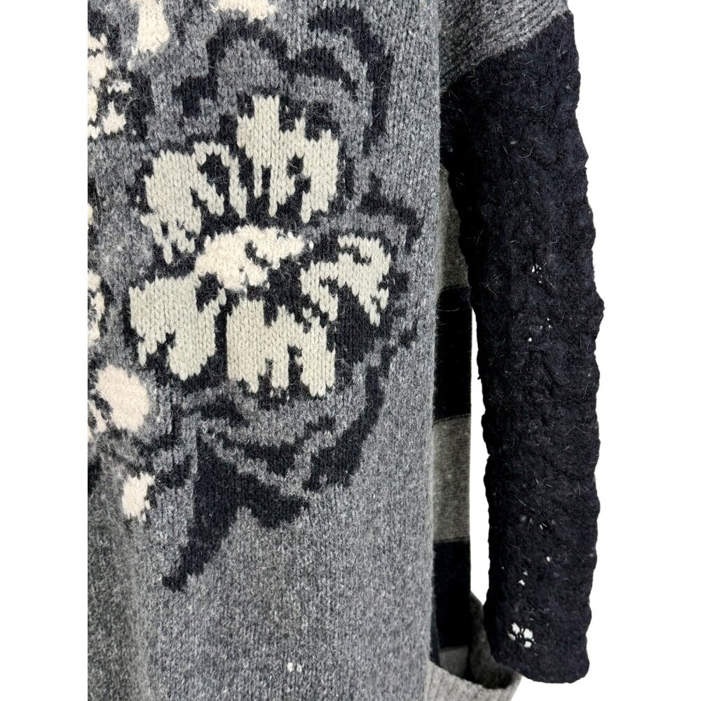 Free People Black Gray Striped Floral Knit Long Cardigan S | Boho Grunge Fairy - Picture 10 of 16